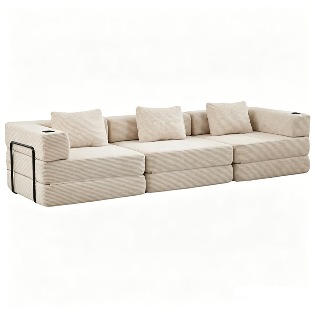 SCHLAFSOFA Cord 3-Sitzer mit Getränkehaltern und Schlaffunktion - Beige, Textil (300/63/100cm) - Kaket