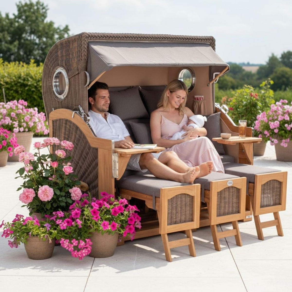 STRANDKORB XXL Düne Grande Teak PE Grey - Braun/Grau, Metall (170/170/95cm) - Mr. Deko