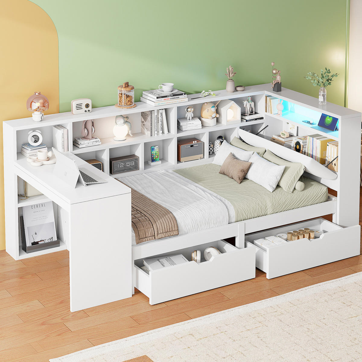 TAGESBETT 90/200 cm mit Schreibtisch, Bücherregal, LED-Beleuchtung und Stauraum, Weiß - Weiß, Holzwerkstoff (90/200cm) - Redom