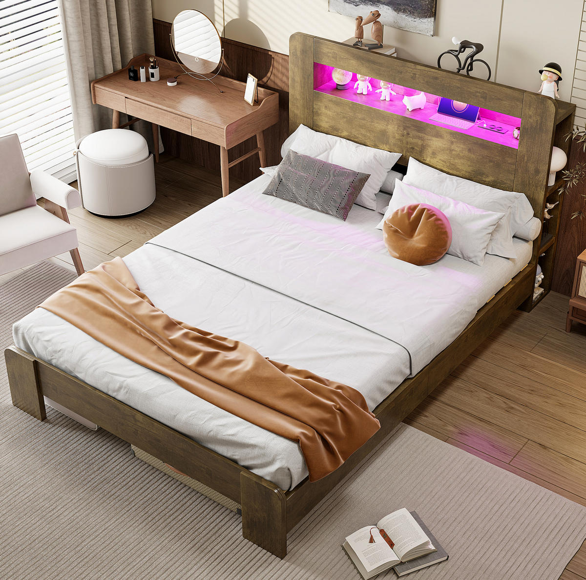 STAURAUMBETT 140/200 cm Vintage-Holz mit LED und Steckdosen - Naturfarben, Holz (140/200cm) - MIVRAY