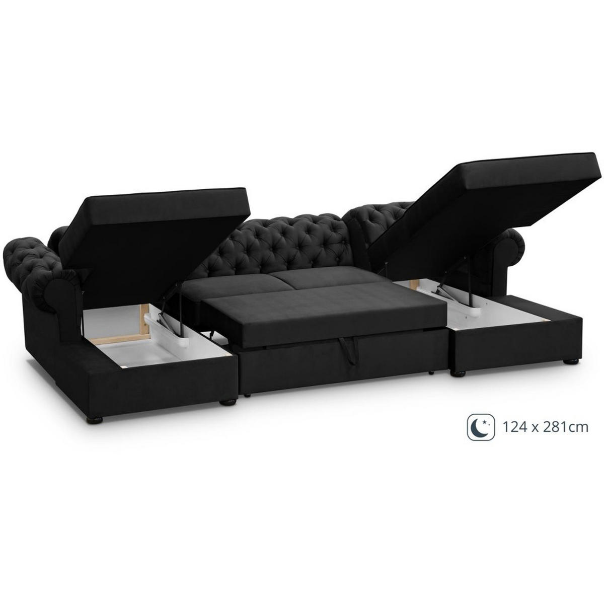 WOHNLANDSCHAFT Chester im Chesterfield-Stil, Schwarz - Schwarz, Textil (348/81/174cm) - Beautysofa