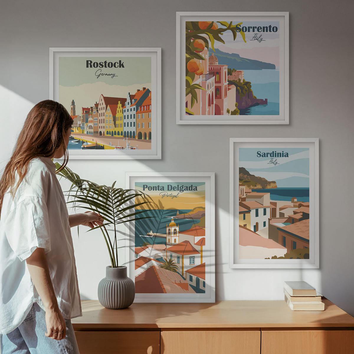 BILDER SET 4er Set - 50x50 cm & 40x60 cm Weißer Rahmen - Ansichten europäischer Häfen - Weiß, Kunststoff (50/50cm) - TULUP