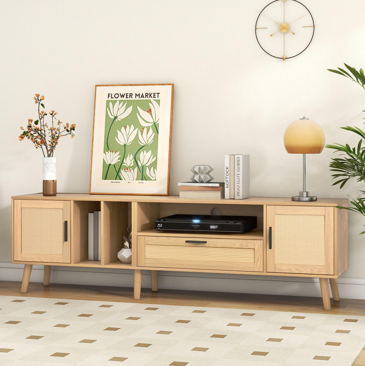 LOWBOARD 180 cm aus Spanplatte mit Rattan-Dekor und Kabelmanagement Eichefarben - Eichefarben, Holzwerkstoff (180/54/40cm) - Modenvie