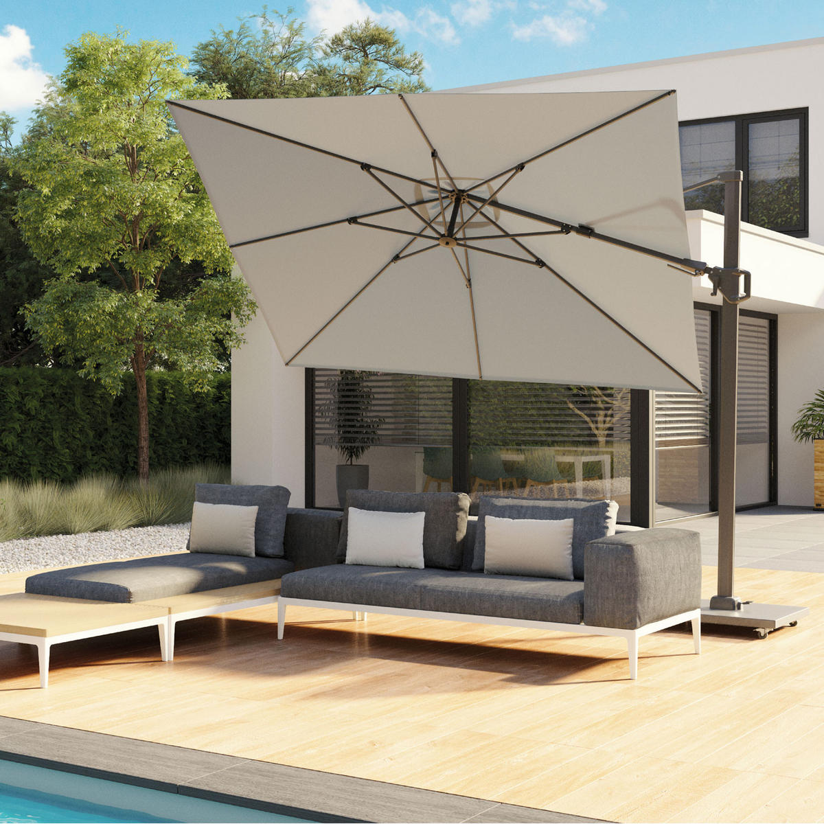 AMPELSCHIRM quadratisch 3 x 3 m Challenger T² Premium 360° kippbar grau/anthrazit - Grau, Metall (300/300cm) - Platinum