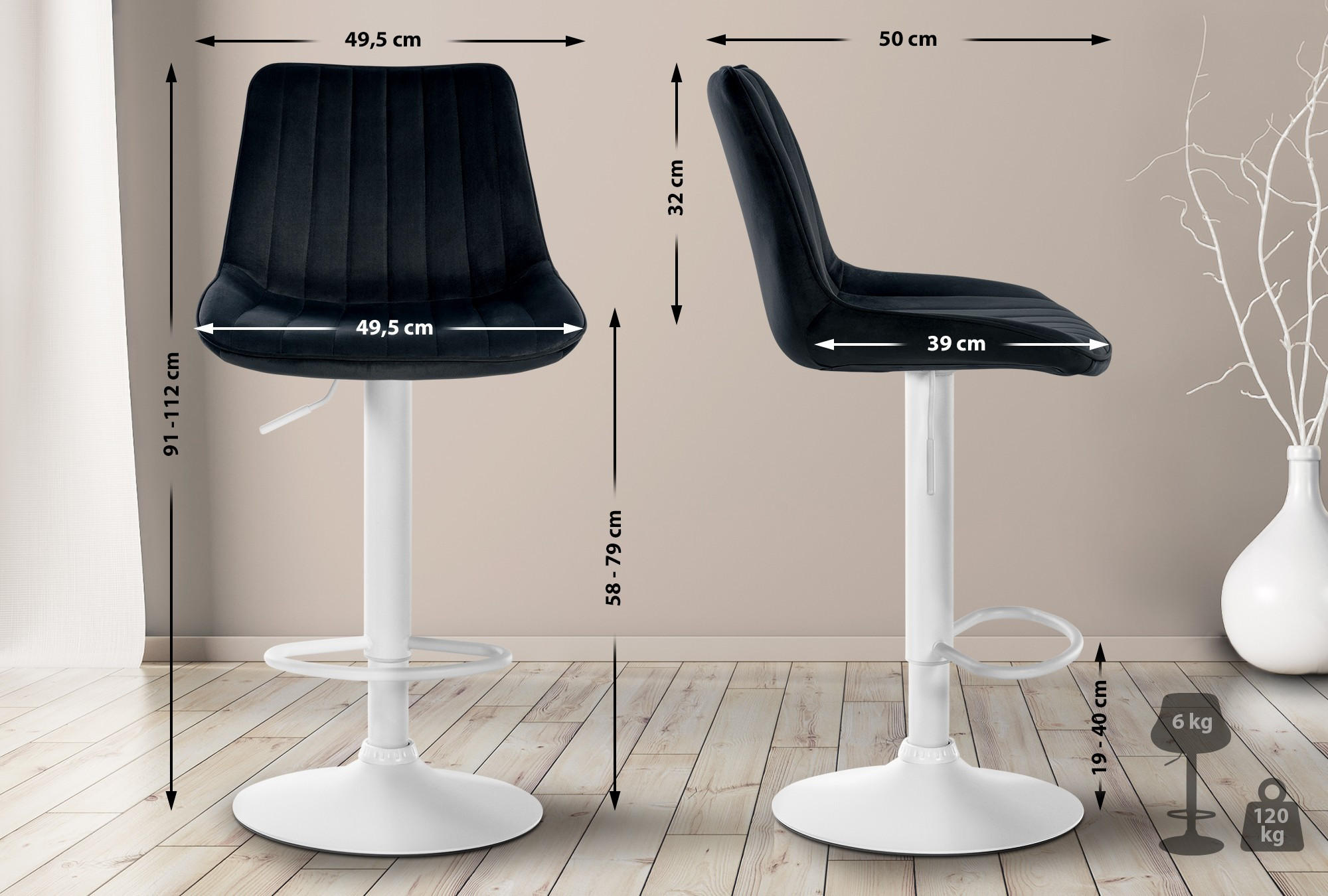 BARHOCKER RIO Schwarz Samt Weiß - Schwarz, Textil/Metall (49.5/91/50cm) - DELUKE