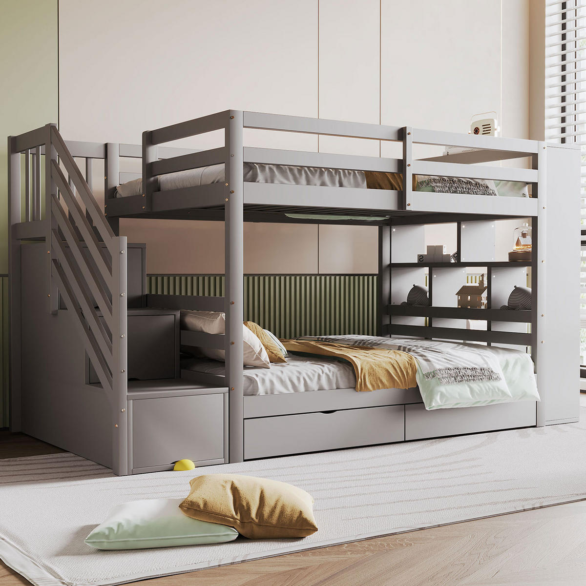 ETAGENBETT aus Kiefernholz 90x200 cm Grau mit Sicherheitstreppe, Stauraum und Lattenrost - Grau, Holzwerkstoff (90/200cm) - Modfu