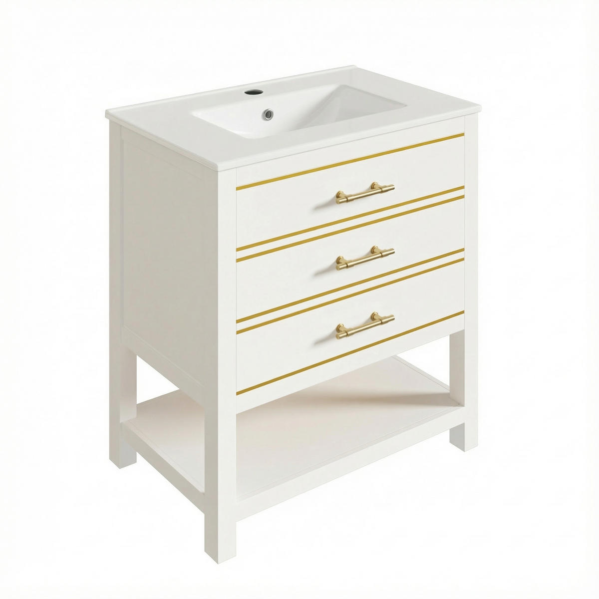 WASCHTISCHUNTERSCHRANK mit Keramikbecken 66x46.5x86cm Weiß-Gold, 2 Schubladen - Weiß, Holzwerkstoff (76/86/46.5cm) - Modfu