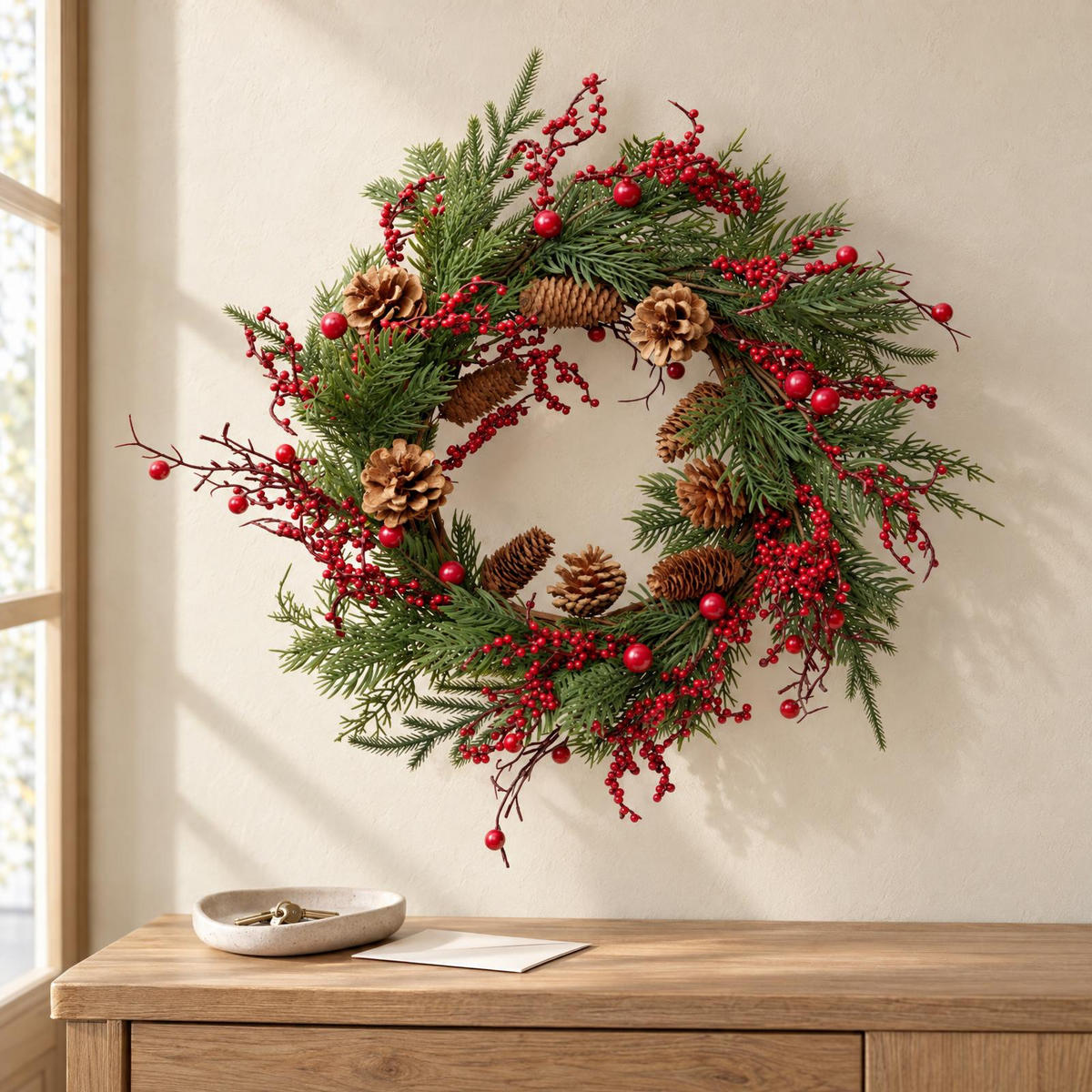 WEIHNACHTSKRANZ mit roten Beeren und Tannenzapfen 55/55/10 cm - Grün, Metall (55/10/55cm) - Home Styling Collection