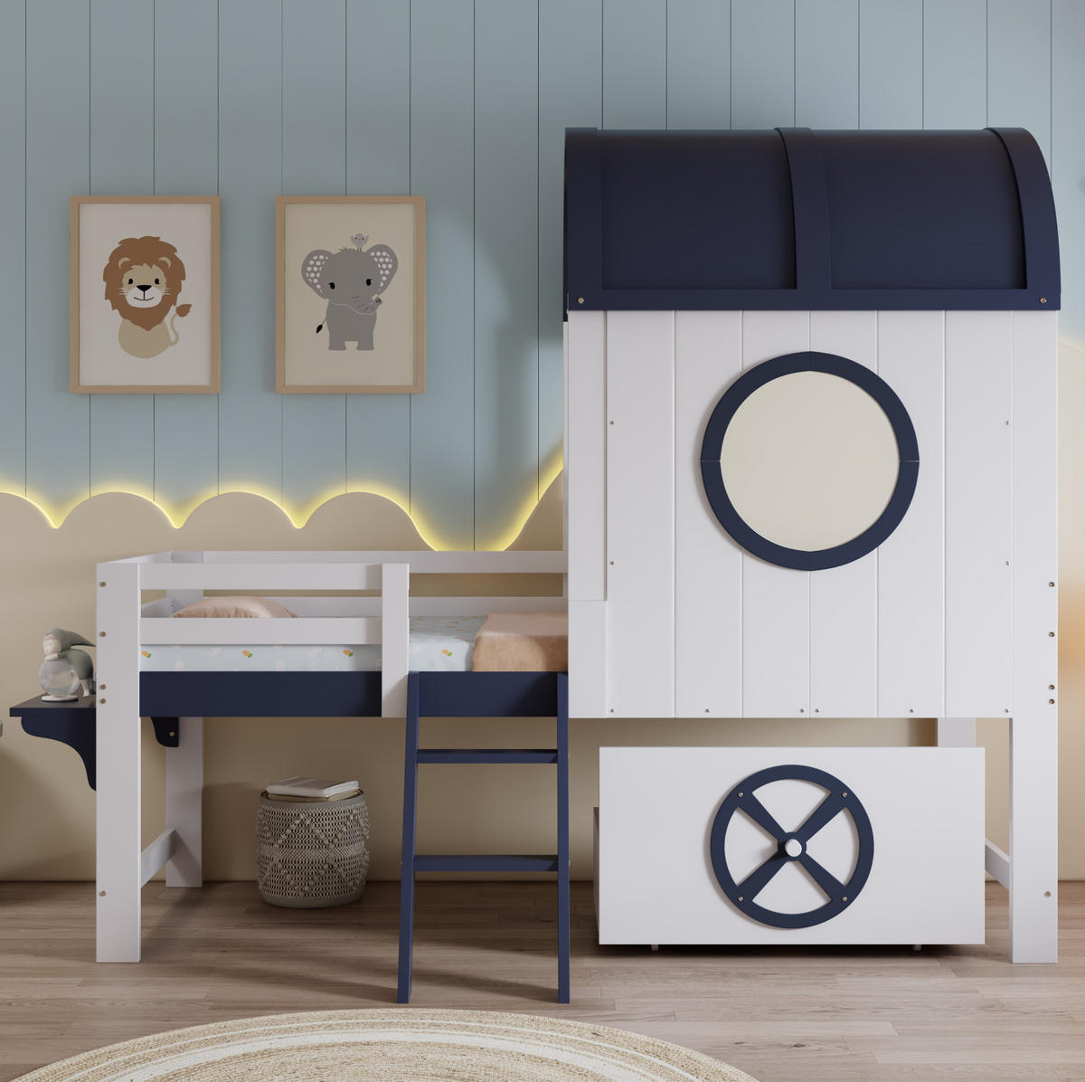 HAUSBETT 90/200 cm mit Dach, Schublade und Fenster in Weiß/Dunkelblau - Weiß, Holzwerkstoff (90/200cm) - BEAOK