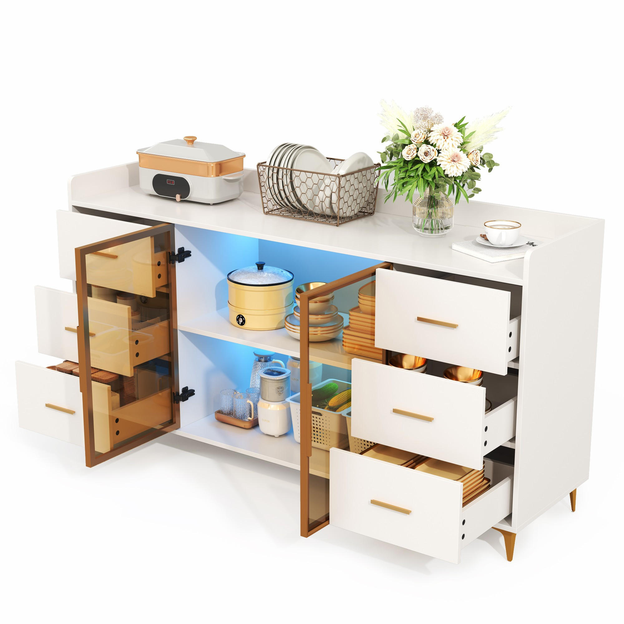 SIDEBOARD mit 6 Schubladen und Doppeltür mit Rauchglas, fernbedienbare LED, MDF, 160/44/87 cm, Weiß und Gold - Weiß, Holzwerkstoff (160/87/44cm) - Redom