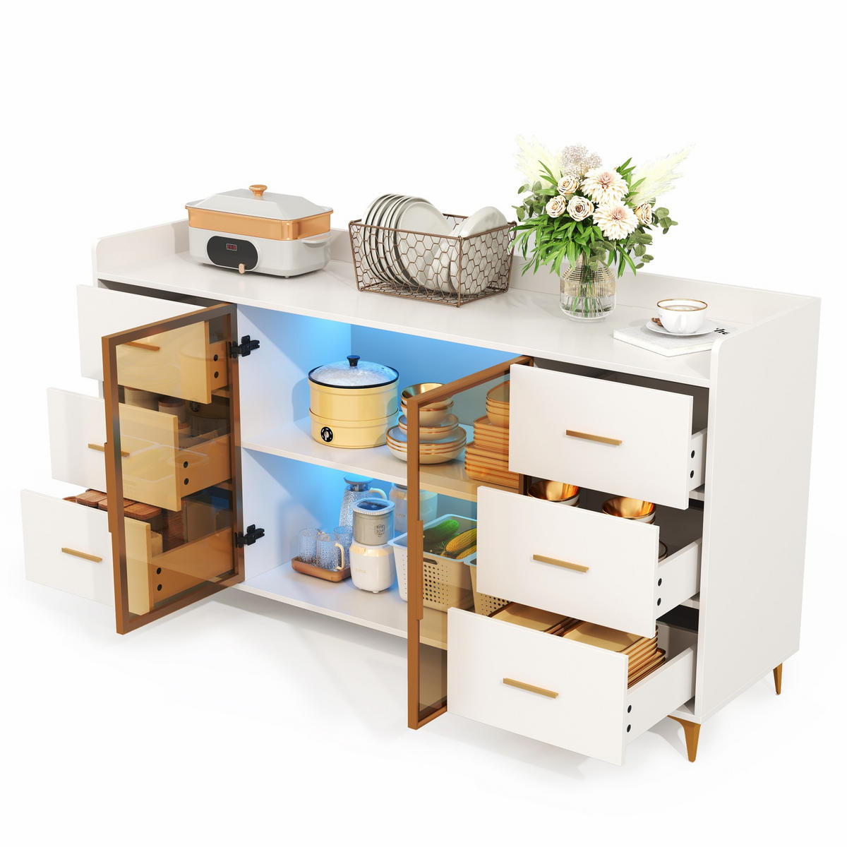 SIDEBOARD mit 6 Schubladen und Doppeltür mit Rauchglas, fernbedienbare LED, MDF, 160/44/87 cm, Weiß und Gold - Weiß, Holzwerkstoff (160/87/44cm) - Redom