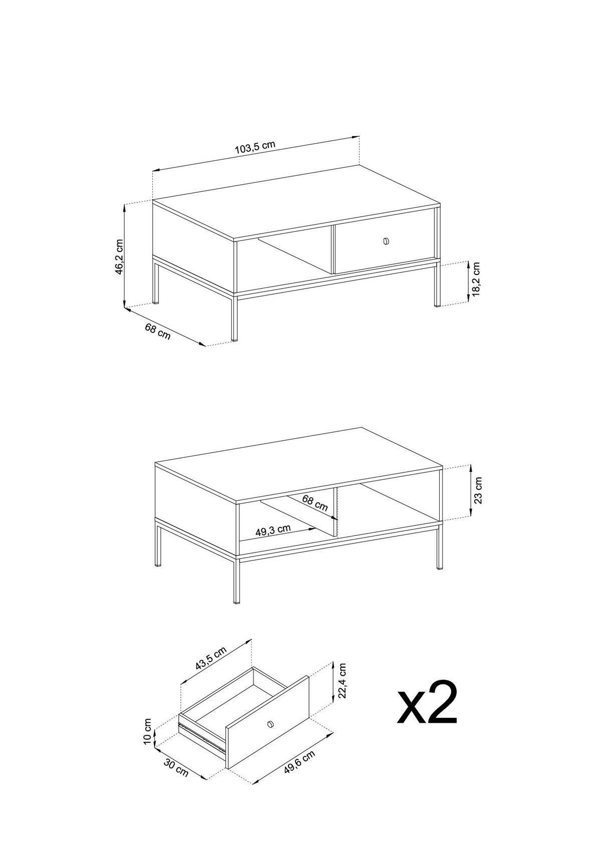 COUCHTISCH Molly Dunkelblau, Goldene Beine, Kaffeetisch mit Schubladen - Goldfarben/Dunkelblau, Holzwerkstoff/Metall (68/104/46cm) - Bettso