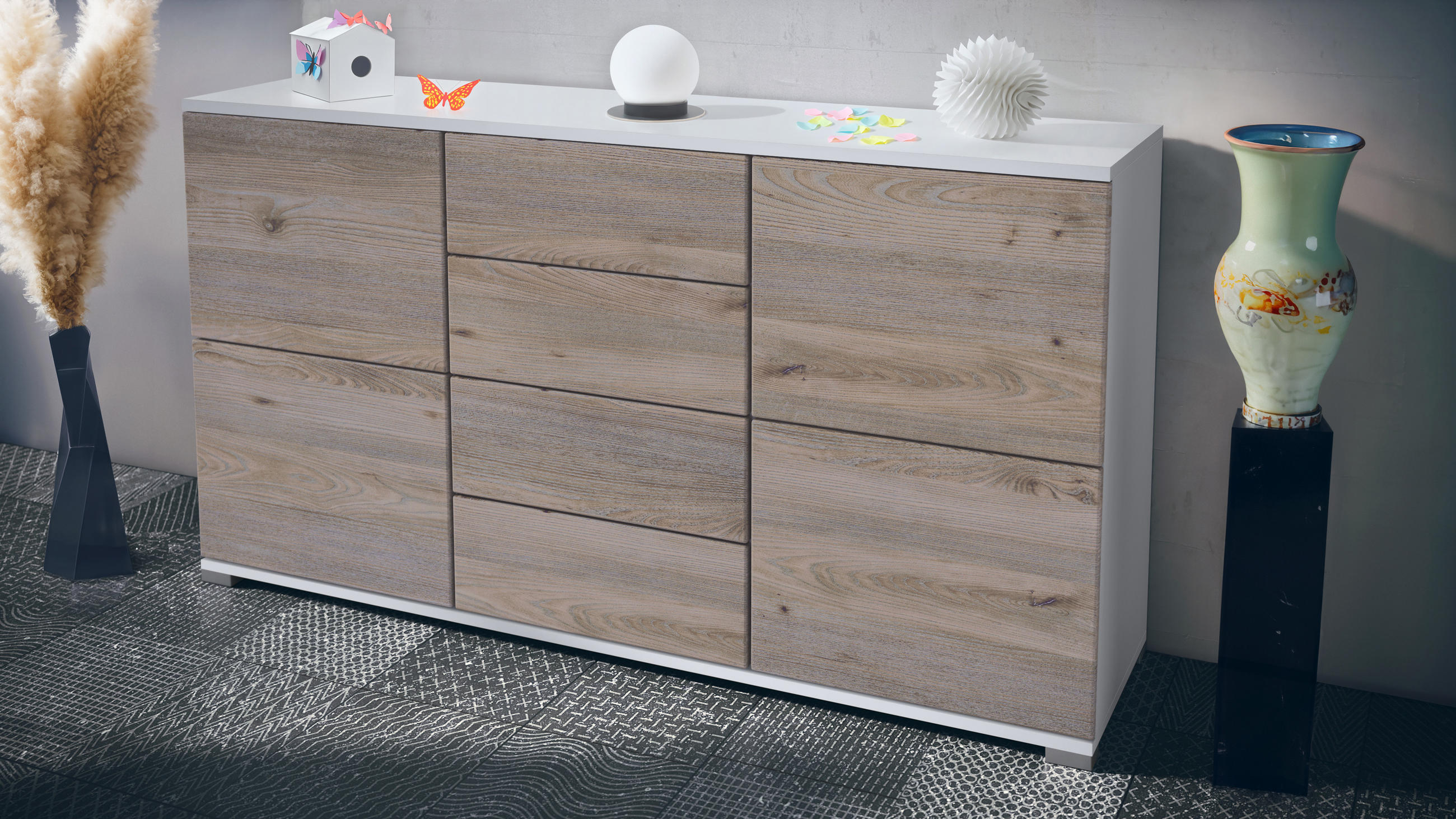 SIDEBOARD Rova Eiche Nordic - Silbereichenfarben, Holzwerkstoff (138.5/75.5/35cm) - Vladon
