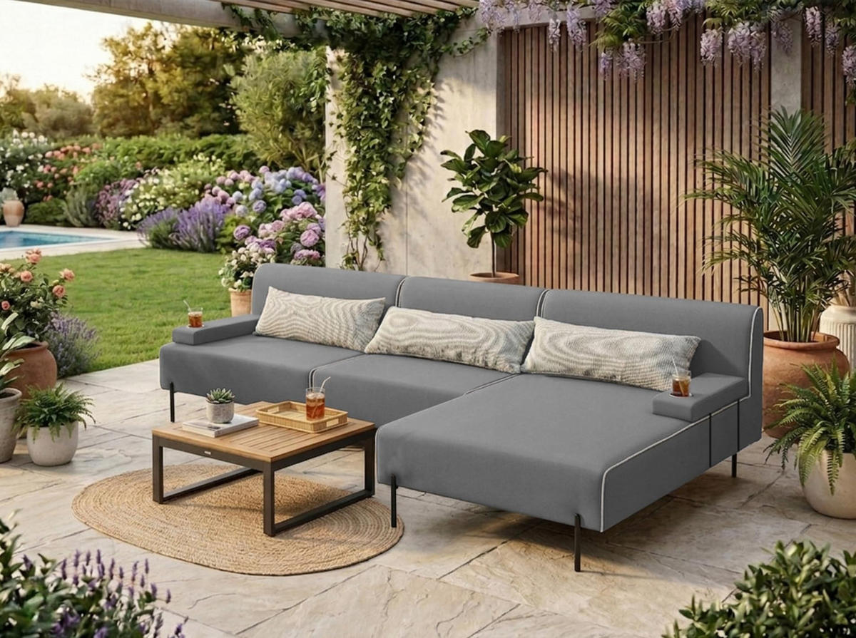GARTENSOFA BORNEO S Wetterfest 300x170x86 cm, Rechts, Solide Konstruktion, HR-Schaumfüllung, Wetterfeste Bezugstoff, Grau - Grau, Holz/Metall (300/86/170cm) - Trada