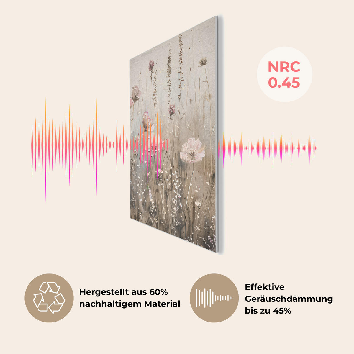 AKUSTIKPANEEL Blumen - Rosa - Modern - Beige 60x80 cm - Beige, Textil (60/0.9/80cm) - MuchoWow