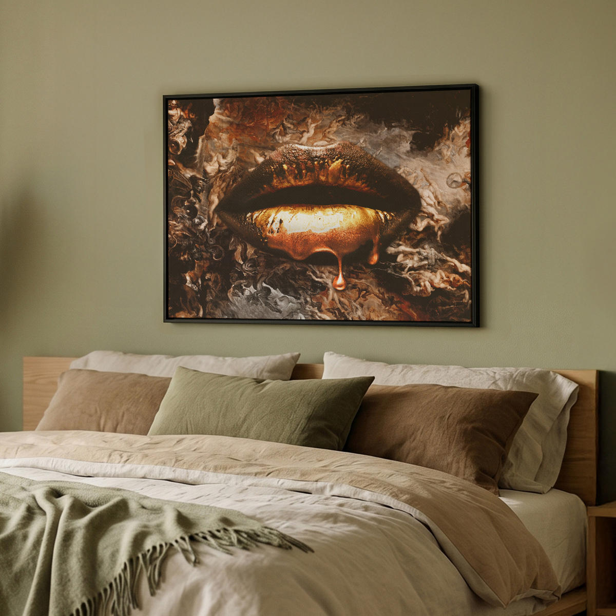 LEINWAND Bilder mit Rahmen - Gold - Lippen - Kunst - Gold - Luxus - Abstrakt - 80x60 - Kupferfarben, Textil (80/60cm) - MuchoWow
