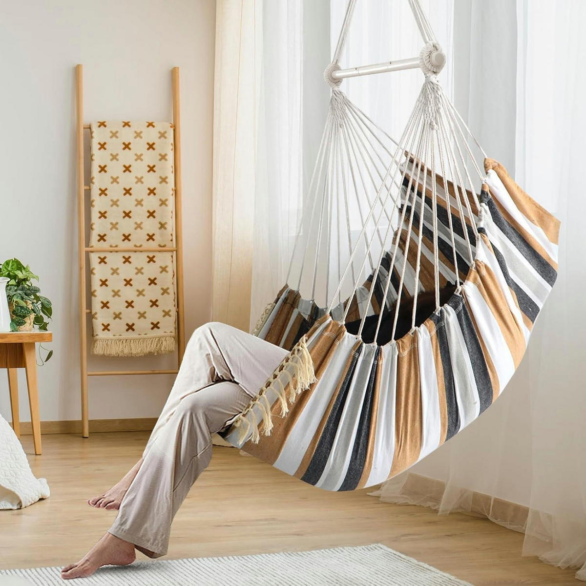 HÄNGESESSEL Braun Gestreift mit 2 Kissen und Stahl-Spreizstange - Multicolor, Textil (100/2.5/130cm)