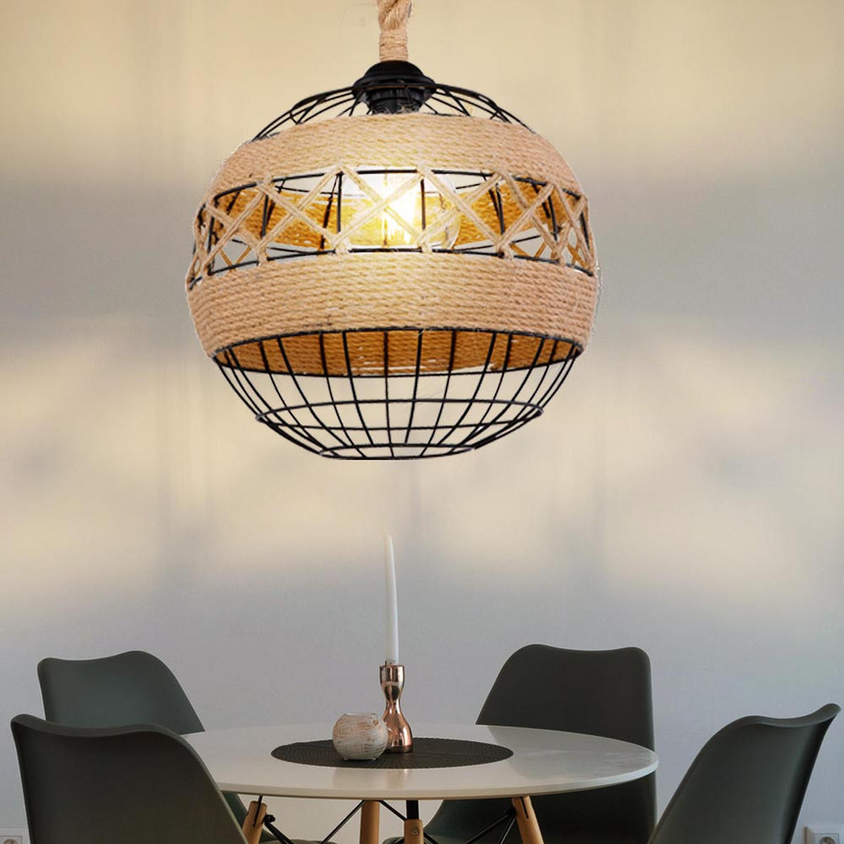 HÄNGELEUCHTE Hanfseil Schwarz Gitteroptik - Schwarz, Metall (30/30/120cm) - Globo Lighting