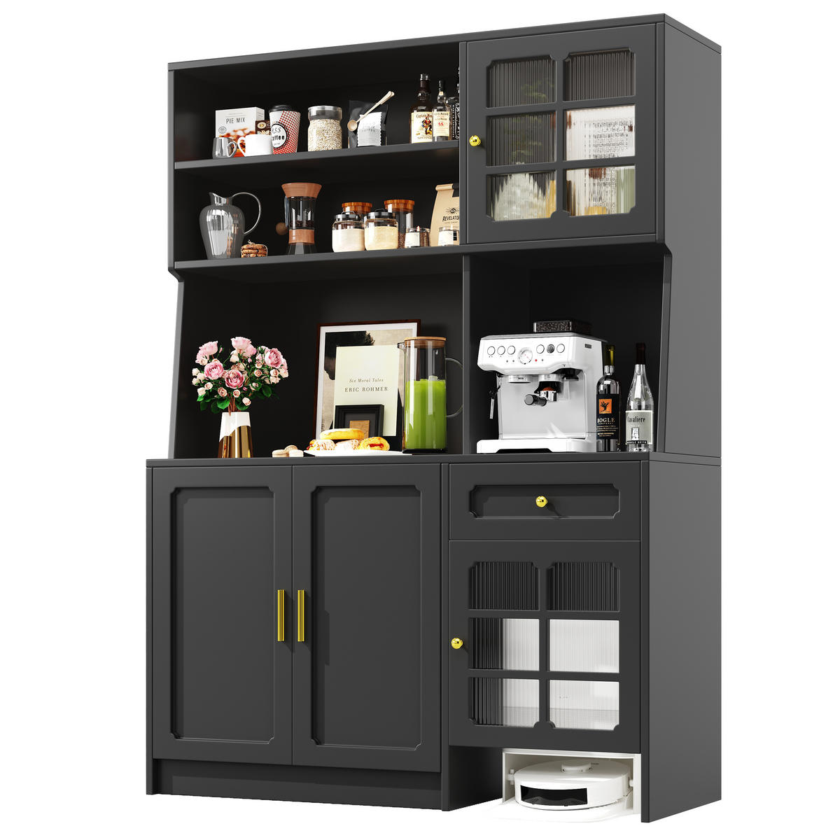 GESCHIRRSCHRANK aus MDF 130x45x180cm in Schwarz mit LED - Schwarz, Holzwerkstoff (130/180/45cm) - Modfu