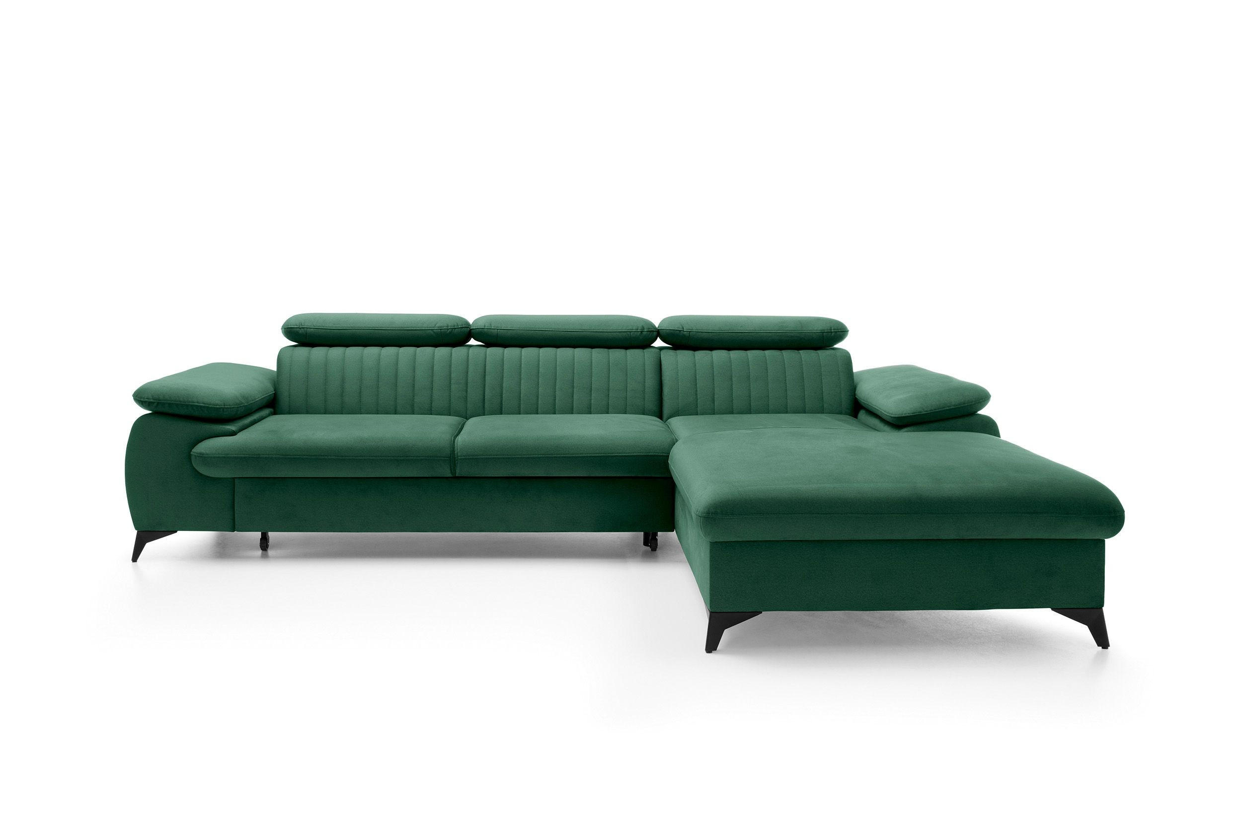 ECKSOFA FIORE Grün Velours-Stoff mit Schlaffunktion - Grün, Holz (280/193cm) - MASSENO