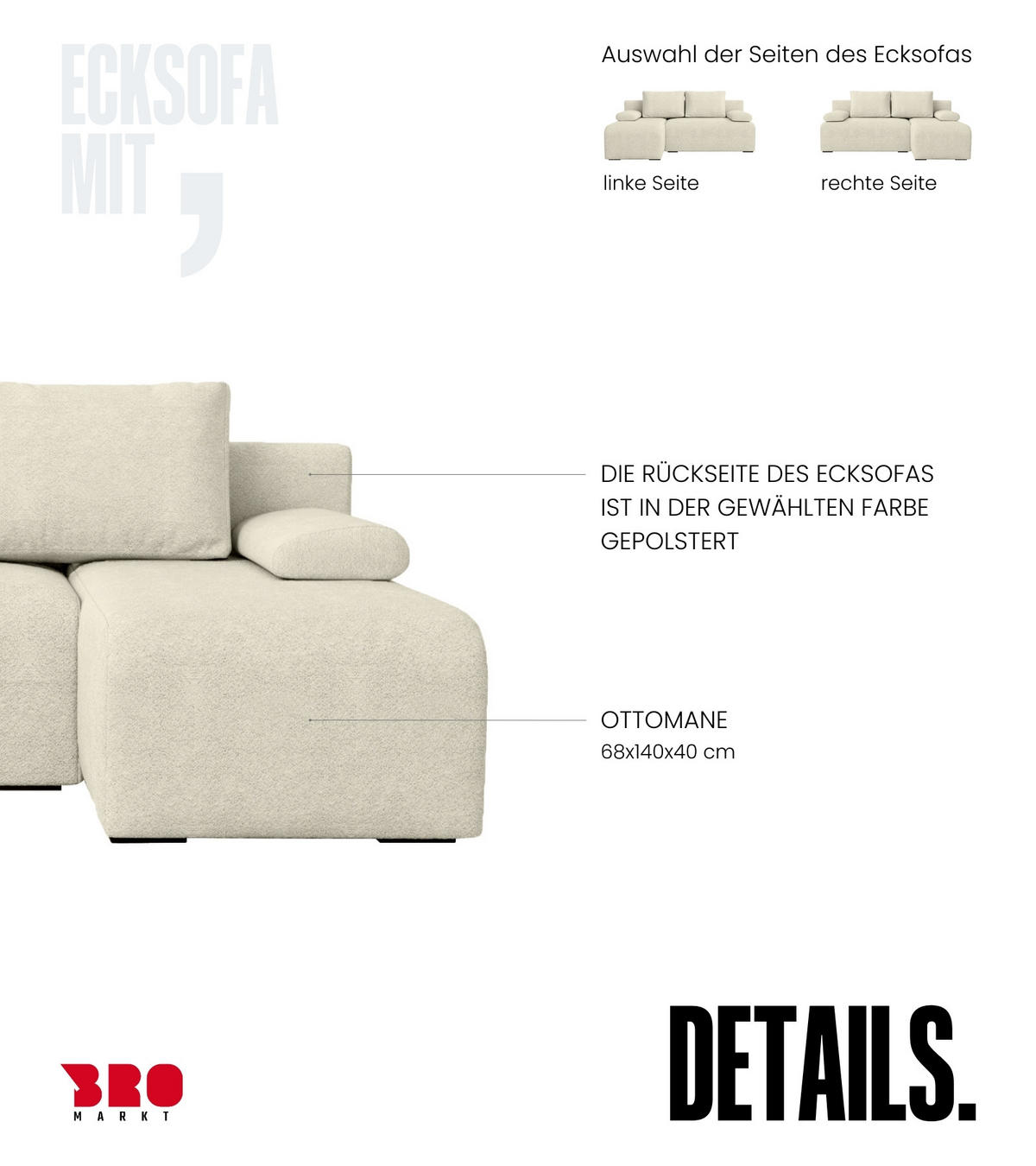 ECKSOFA Ernest mit Schlaffunktion Beige Bouclé - Weiß, Textil (200/145cm) - Bromarkt