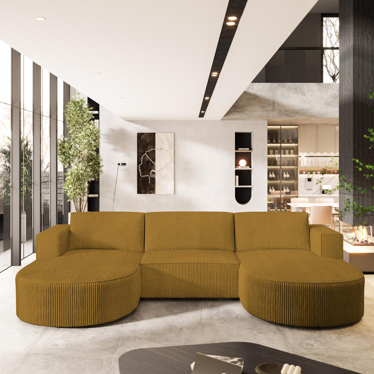 ROHOVÁ SEDAČKA VEZZO žlutá - šedá/žlutá, dřevo/textil (347/174cm) - MASSENO