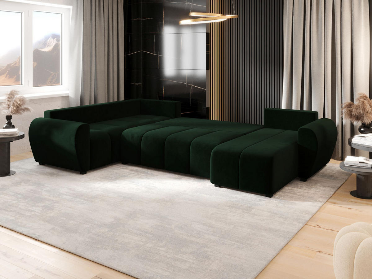 WOHNLANDSCHAFT MOLISA U PLUS Itaka 10 Rechts mit Schlaffunktion - Dunkelgrün, Textil (303/82/208cm) - Bedante
