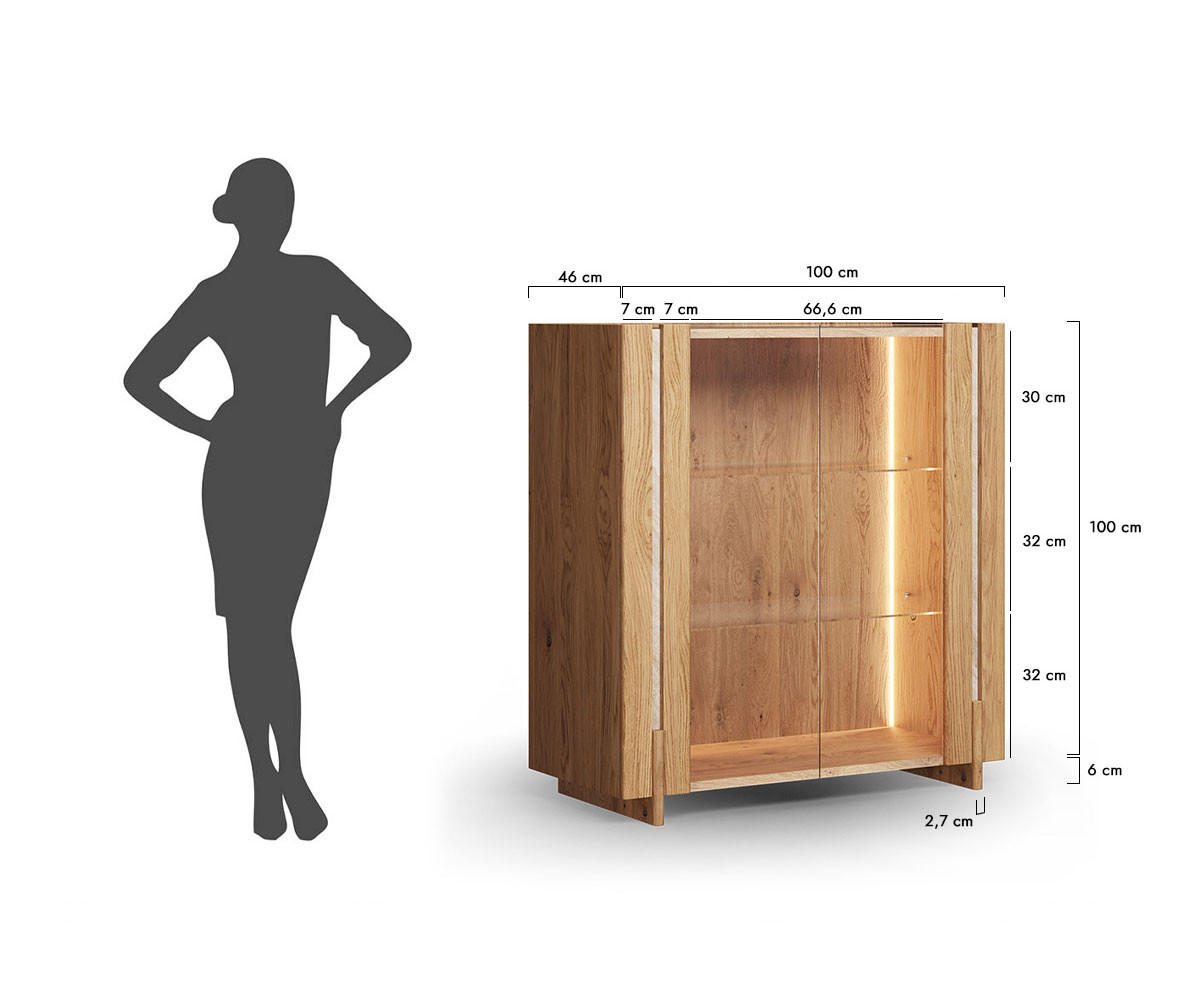 VITRINE Travertino Wildeiche Natur / Travertin Naturstein 100 / 46 / 106cm - Wildeiche, Glas/Holz (100/106/46cm) - Feldmann-Wohnen