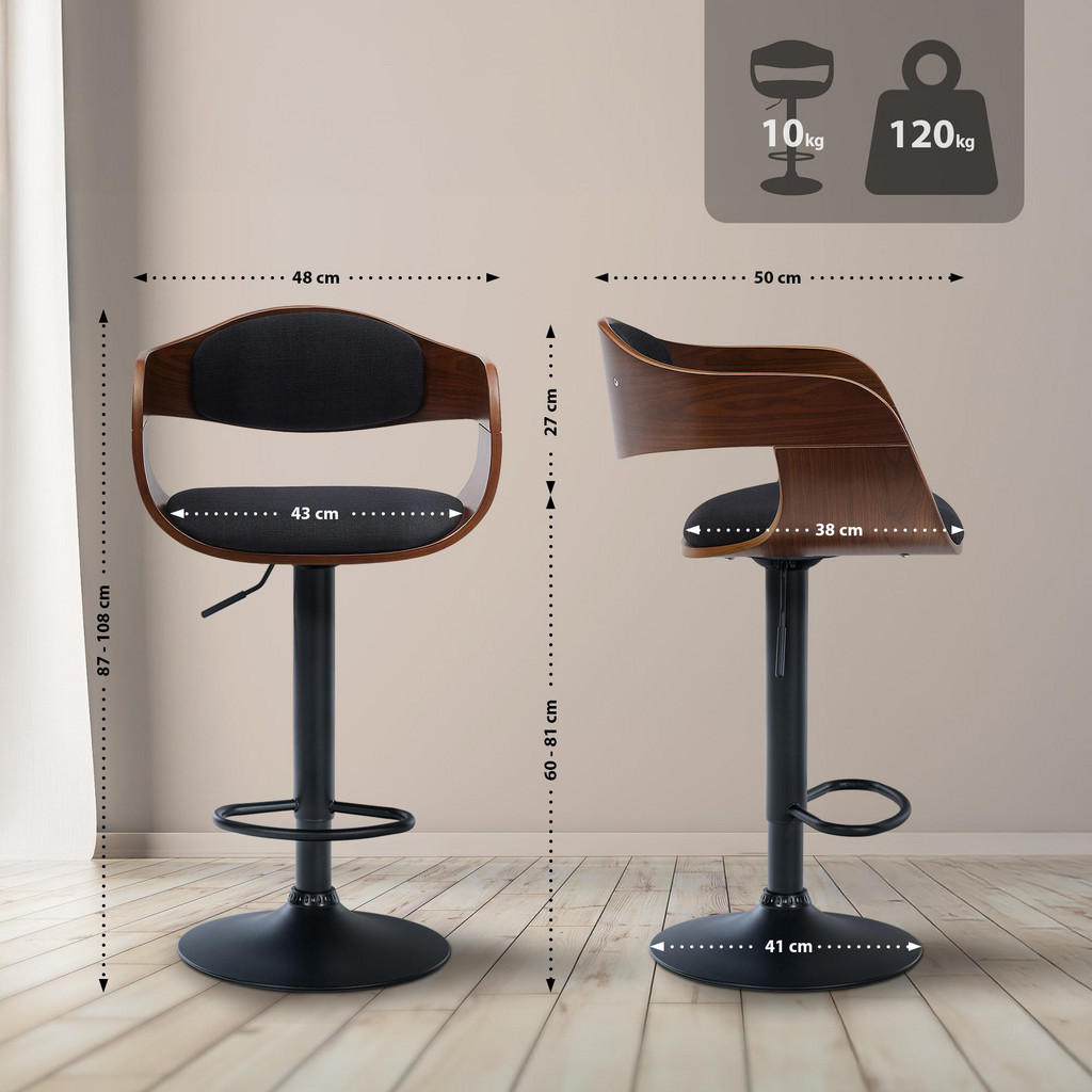 Thumbnail - CLP Barhocker, Schwarz, Walnuss, Textil, 48x87x50 cm, Esszimmer, Barmöbel, Barhocker