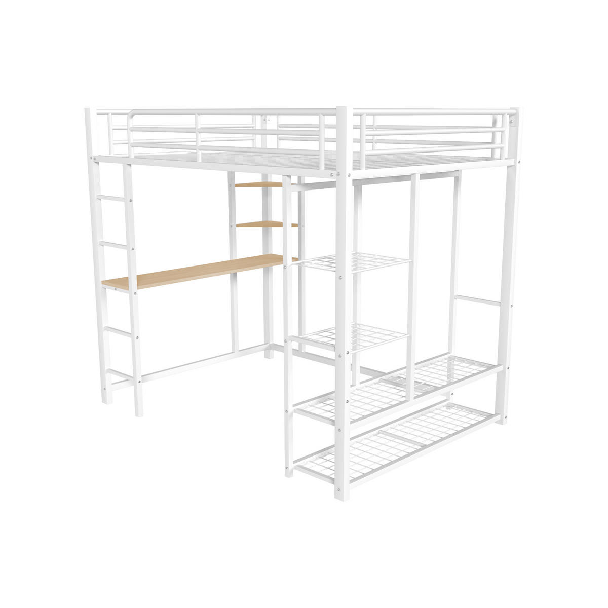 HOCHBETT 140/200 cm weiß aus Metall mit Schreibtisch und Kleiderstange - Weiß, Metall (140/200cm) - OKWISH