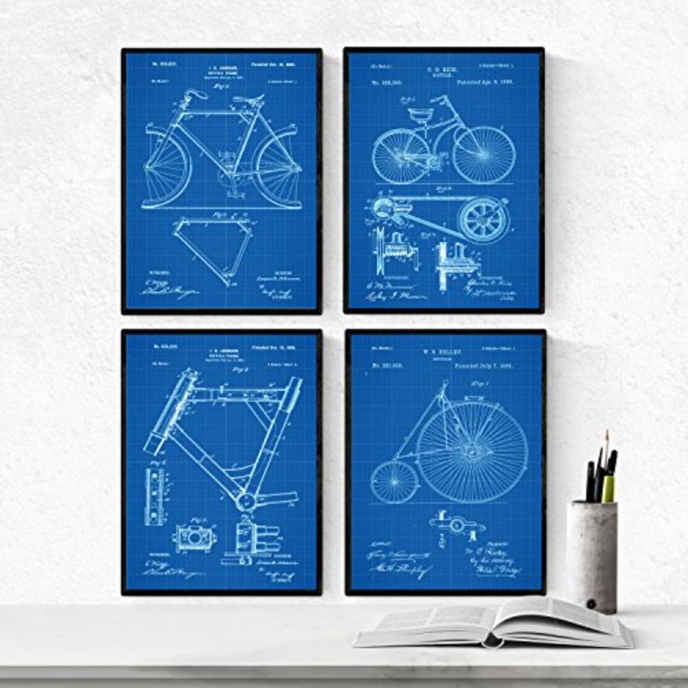 POSTER Set mit 4 Blau Fahrrad Patent A4 Rahmenlos - Klar, Papier (29.7/3cm) - Nacnic