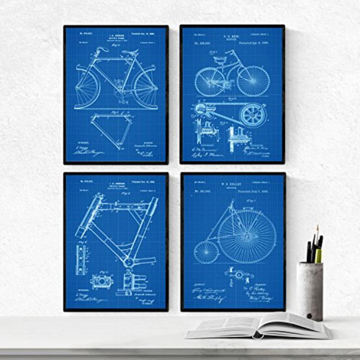 POSTER Set mit 4 Blau Fahrrad Patent A4 Rahmenlos - Klar, Papier (29.7/3cm) - Nacnic