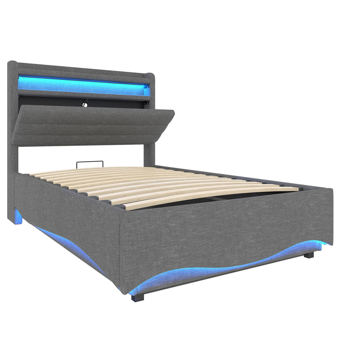 TAPECIRANI krevet 90/200 cm s LED osvjetljenjem, USB i Type-C priključcima te hidrauličnim spremištem, Siva - siva, tekstil (90/200cm) - Redom