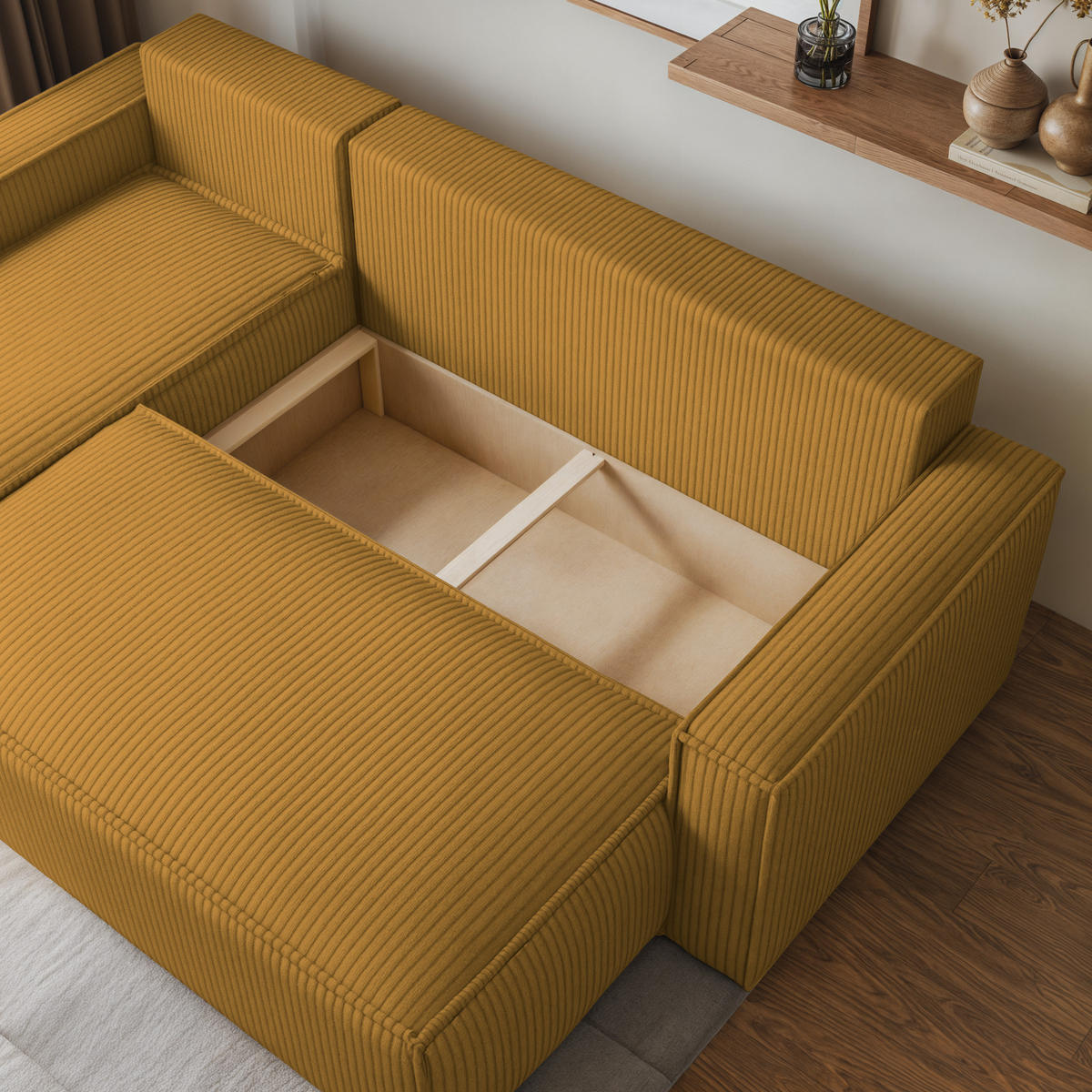 ECKSOFA RAVELO P Gelb Kordstoff mit Schlaffunktion - Gelb, Holz (240/140cm) - MASSENO