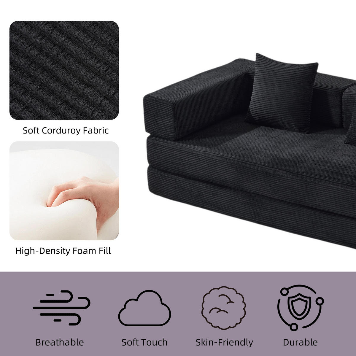 SCHLAFSOFA 2-in-1 faltbar aus Cordstoff, DE-42533, Schwarz - Schwarz, Textil (185/60/92.5cm) - ComfortXL
