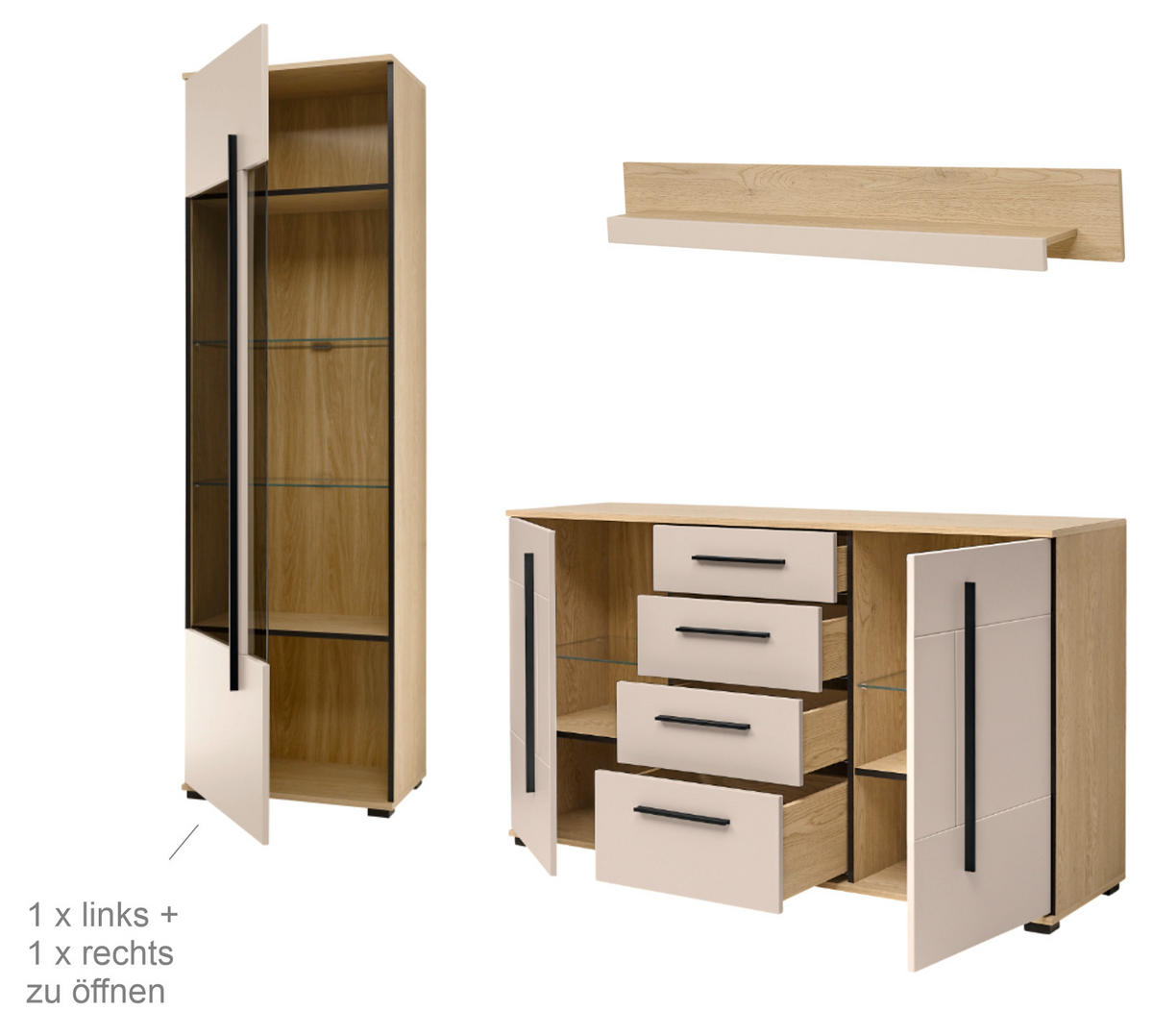 WOHNWAND Kaschmir, Eiche 4-teilig 290, Schrankwand in modernem Design - Kaschmir/Eichefarben, Glas/Holzwerkstoff (290/200/42cm) - Furn.Design