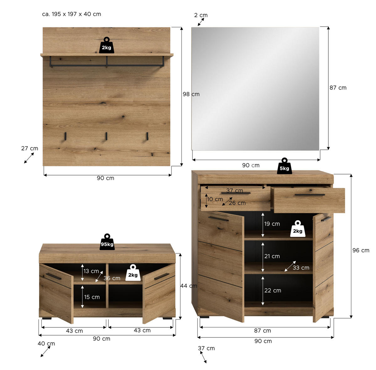GARDEROBEN-SET SCOUT 4-tlg. (B/H/T: ca. 195/197/40 cm) in Evoke Oak Nachbildung/Evoke Oak Nachbildung - Eichefarben, Holzwerkstoff (195/197/40cm)