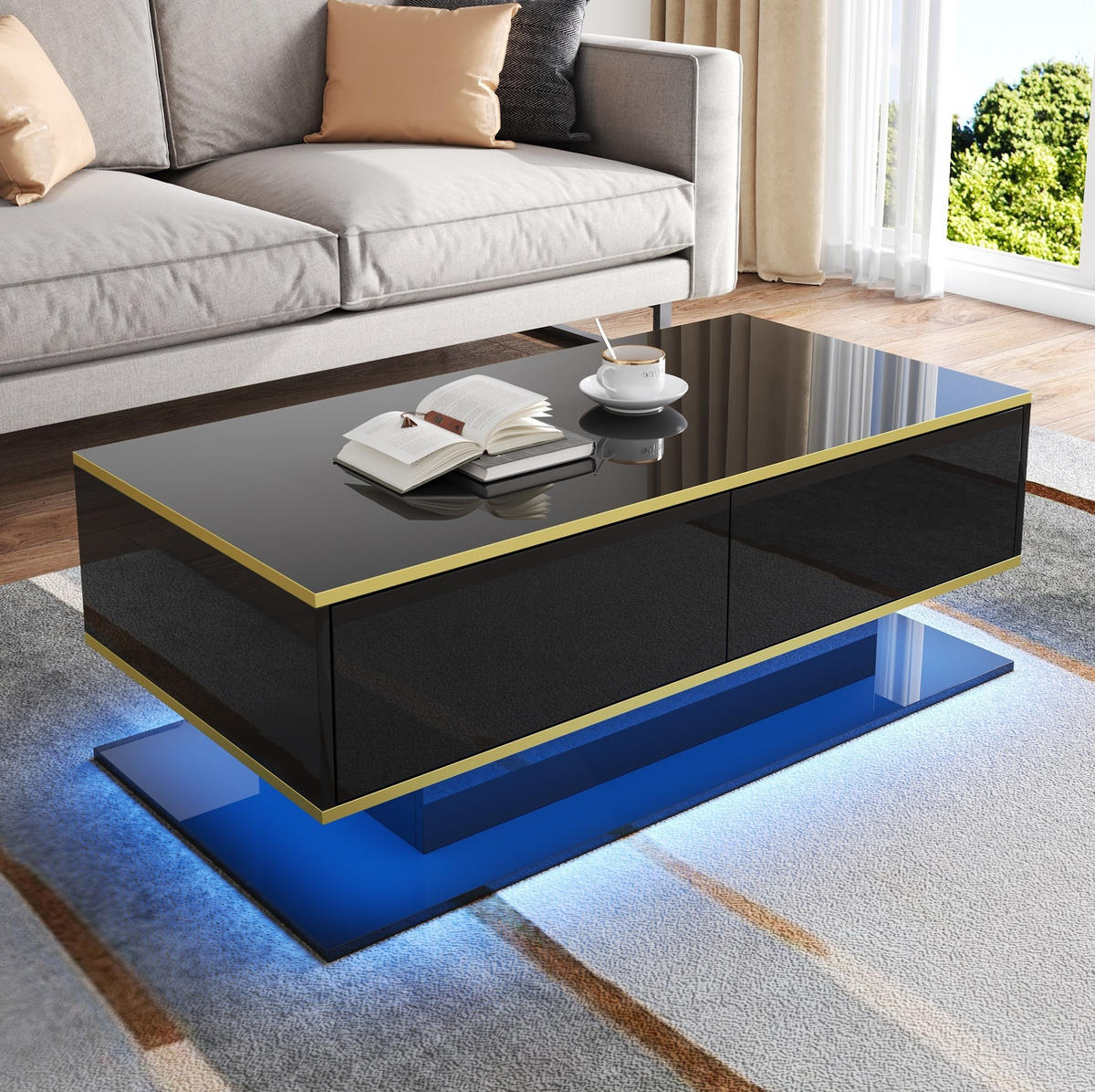 KONFERENČNÍ stolek z dřevotřísky, 100/50/40 cm černý/zlatý, s LED osvětlením a 3 zásuvkami - černá, kompozitní dřevo (100/50/40cm) - BEAOK