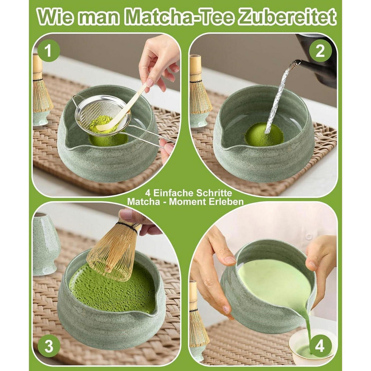MATCHA Set 7-teiliges Set mit Schale und Bambusbesen - Grün, Keramik (15/10/15cm)