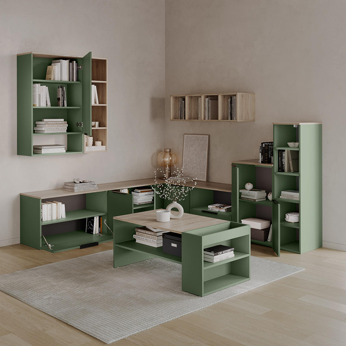 KOMMODE Piave Grün mit Regal - Grün, Holzwerkstoff (50/80/40cm) - Livinity®