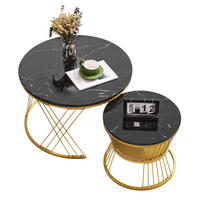 COUCHTISCH-SET aus MDF 70x70x45 cm Schwarz mit Marmormuster und goldfarbenem Metallgestell - Schwarz, Holzwerkstoff (70/70/45cm) - IVMEU