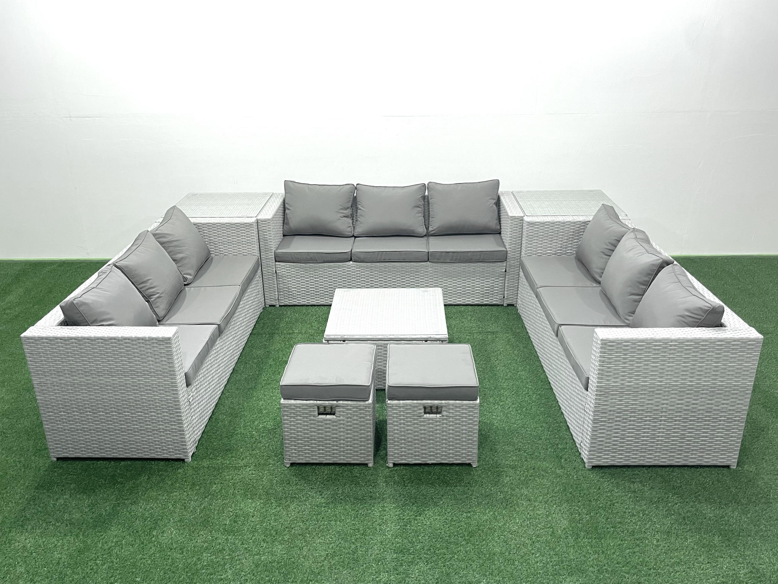 GARTENMÖBELSET mit 3-SITZER SOFA,COUCHTISCH Polyrattan Hellgrau-Mix 11-Sitzer - Hellgrau/Grau, Glas/Kunststoff - Fimous