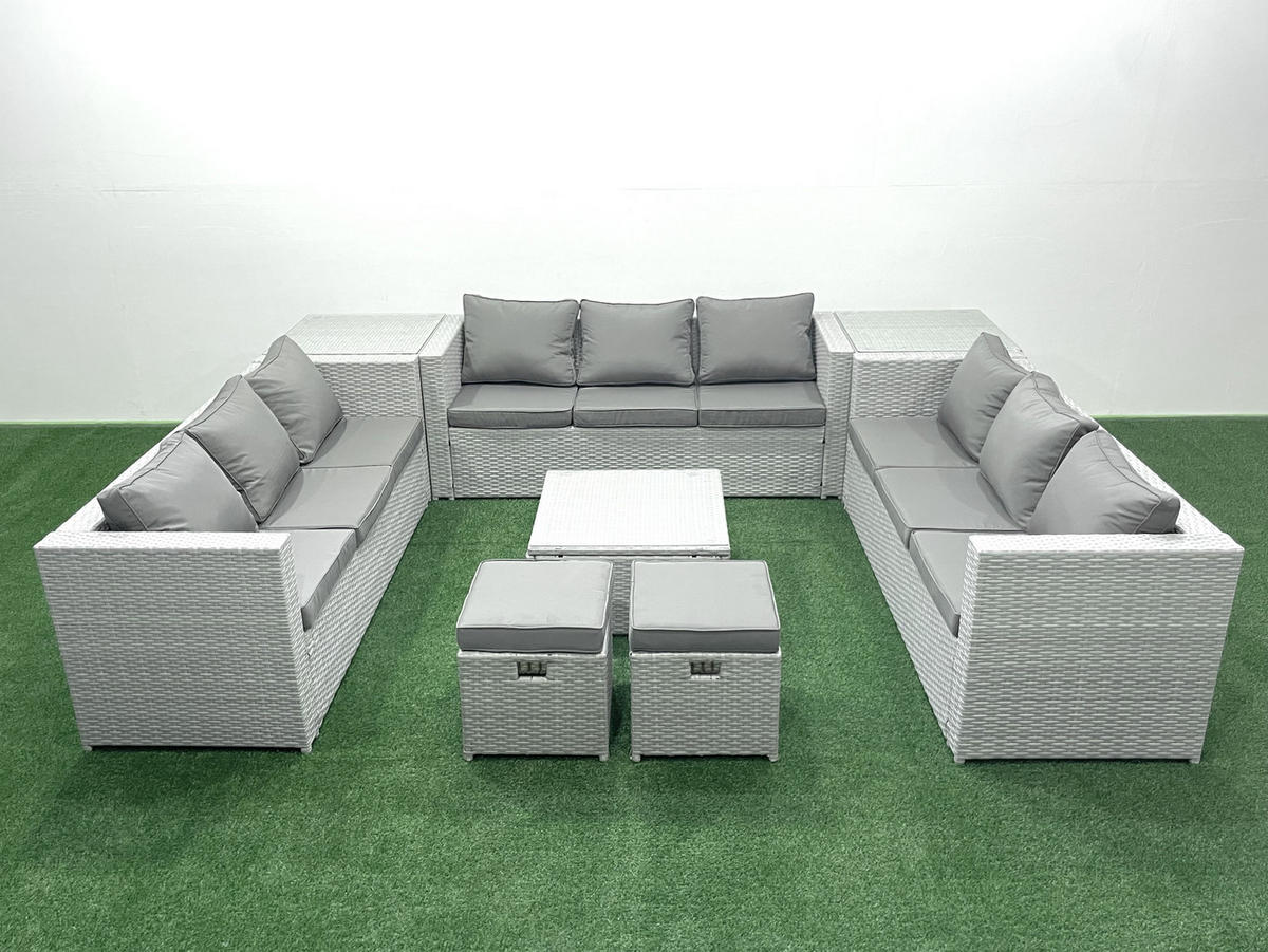 GARTENMÖBELSET mit 3-SITZER SOFA,COUCHTISCH Polyrattan Hellgrau-Mix 11-Sitzer - Hellgrau/Grau, Glas/Kunststoff - Fimous