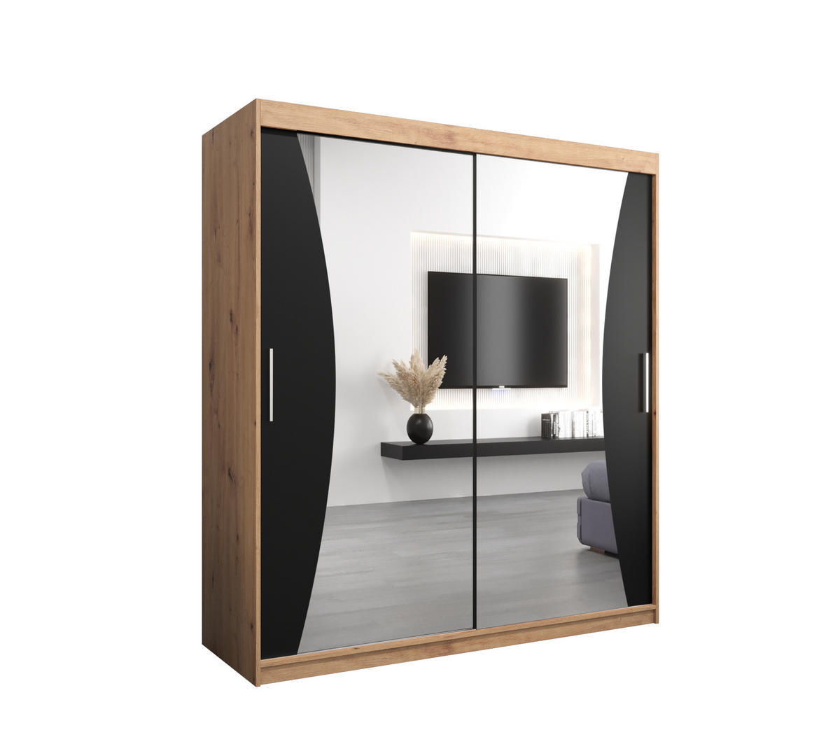 SCHWEBETÜRENSCHRANK 200/180/62 2-türig - Silberfarben/Schwarz, Holz/Kunststoff (180/200/62cm) - Abiks Möbel