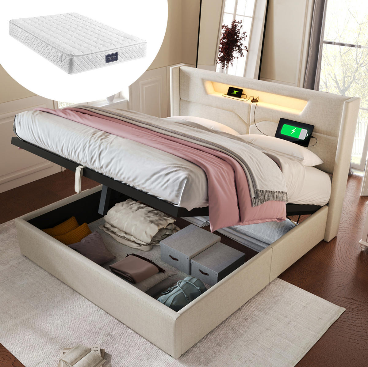 POLSTERBETT 140/200 cm Beige aus Leinen mit LED, USB und Stauraum - Beige, Textil (140/200cm) - OKMYHOME