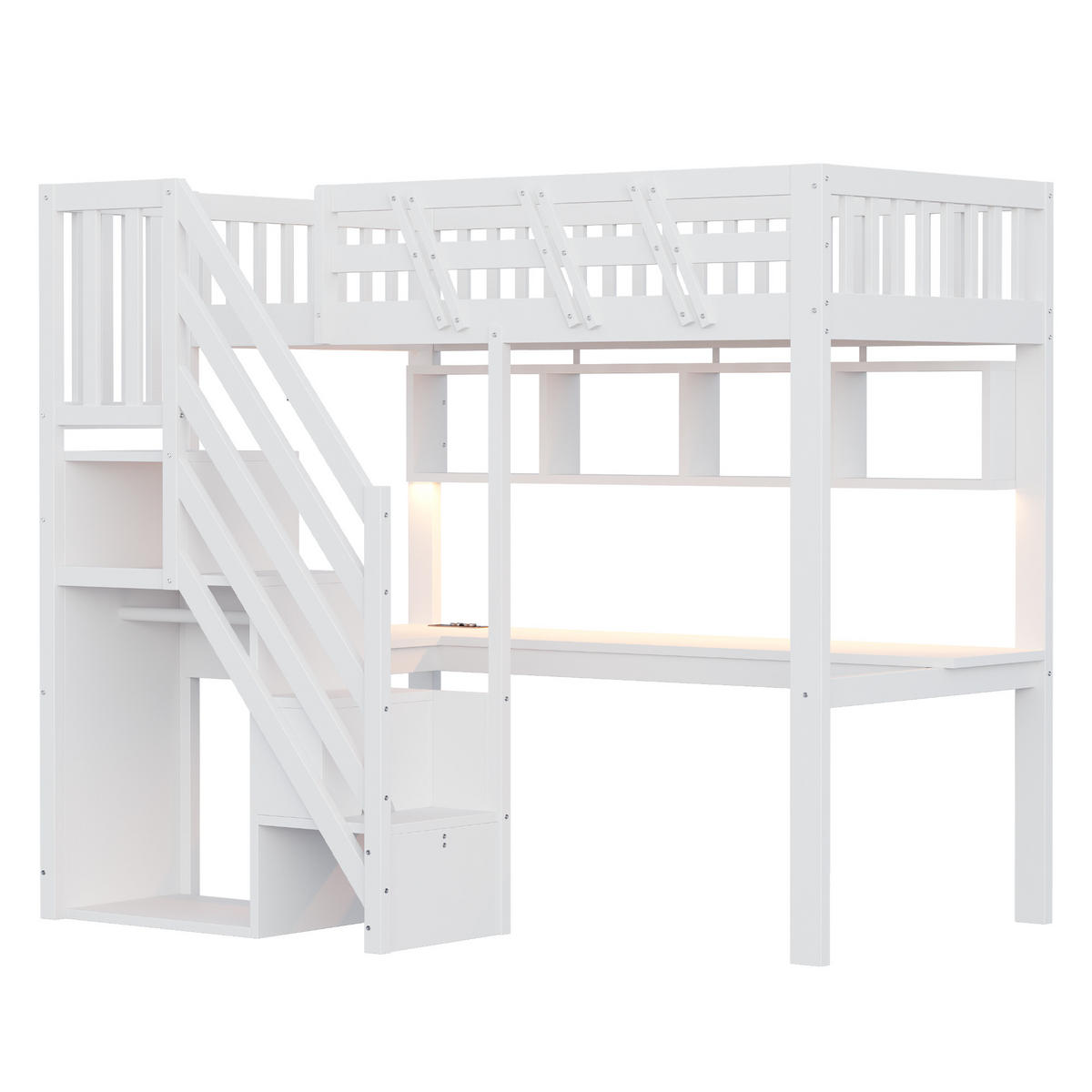 HOCHBETT 90/200 cm DE-01497, in Weiß, mit Aufbewahrungstreppe, Schreibtisch und LED-Licht - Weiß, Holz (90/200cm) - ComfortXL