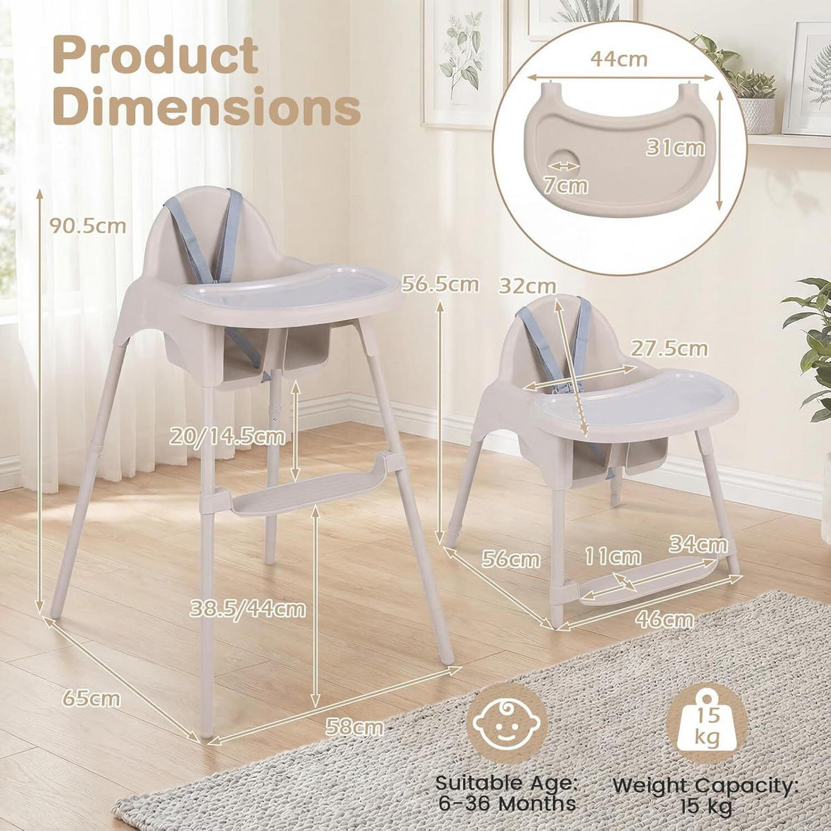 KINDERHOCHSTUHL aus Metall beige - Beige, Metall (56/56.5/46cm) - COSTWAY