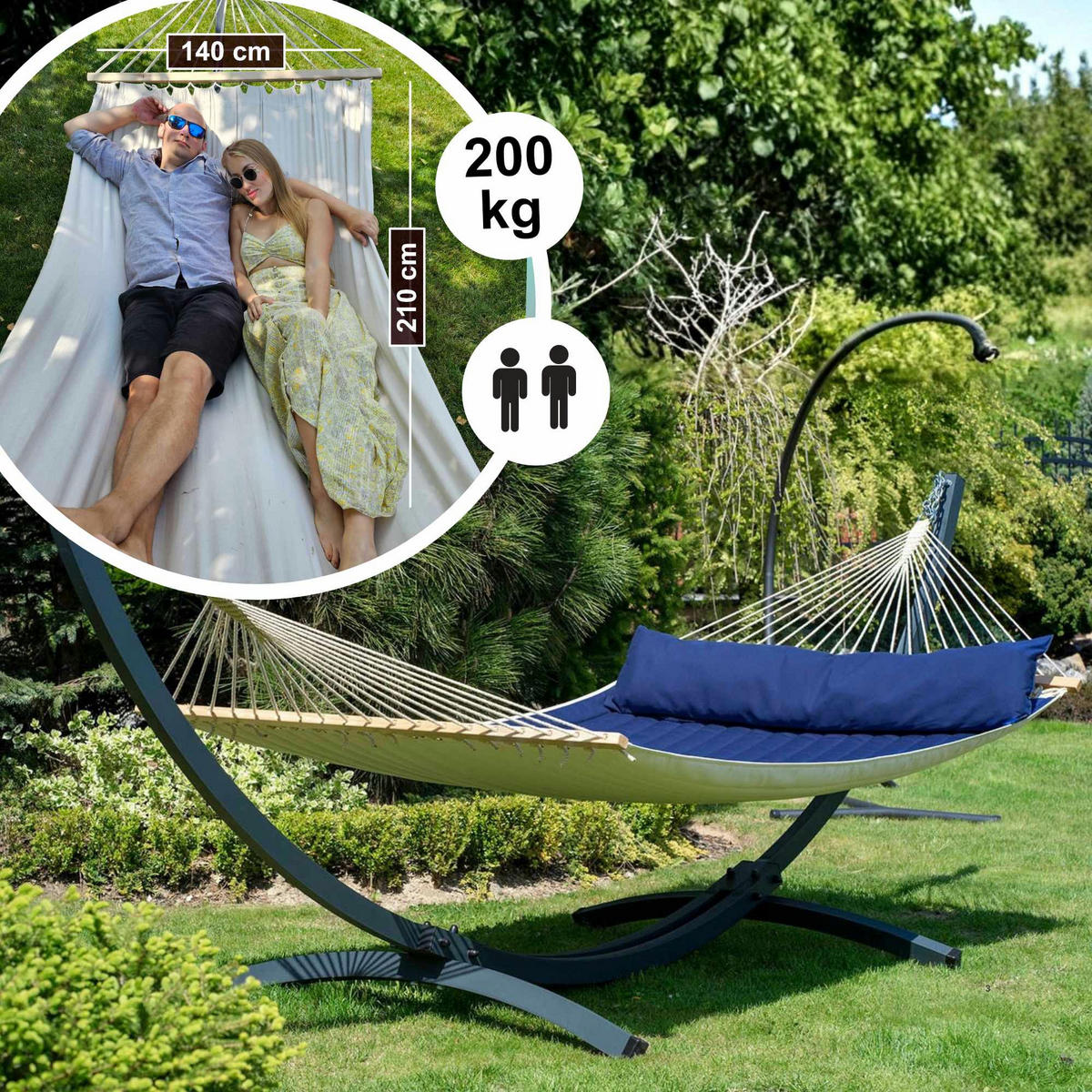 HÄNGEMATTE mit Gestell, 2 Personen, Stabhängematte, XXL, 200 kg, Metall,Blau, einfache Montage - Blau, Metall (370/130/120cm) - Potenza