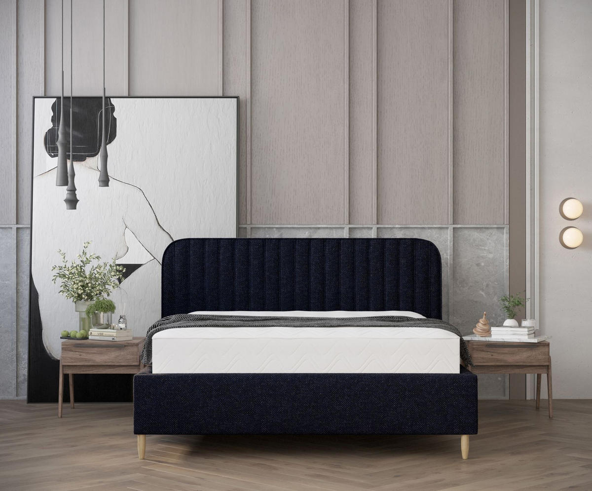 POLSTERBETT Noto Marineblau 140/200 cm im Chenille-Stoff - Naturfarben/Dunkelblau, Holz/Holzwerkstoff (140/200cm) - Maison de Reve