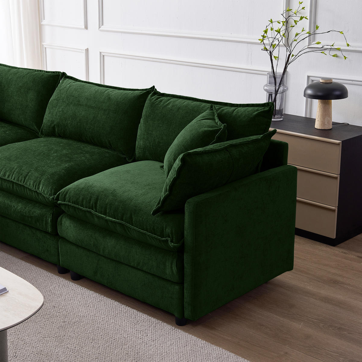 ECKSOFA Chenille Grün mit Hocker - Grün, Holzwerkstoff/Kunststoff (267/154cm) - WISHDOR
